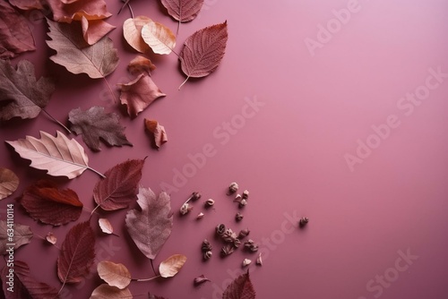 Autumn themed wallpaper in dusty pink with falling leaves and copy-space. Generative AI