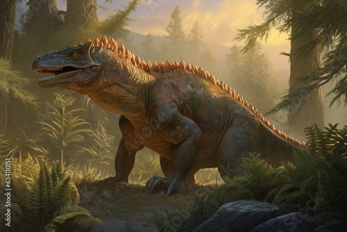 Illustration of a Carnotaurus in a Cretaceous scene. Generative AI