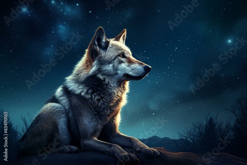Serenely seated wolf under starry night sky. Generative AI
