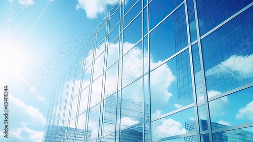 Modern office building or business center. High-rise windor buildings made of glass reflect the clouds and the sunlight. empty street outside  wall modernity civilization. growing up business photo