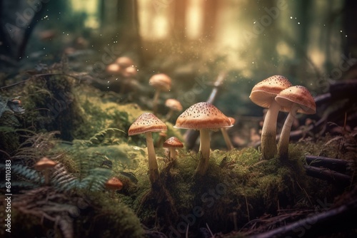Enchanting fungus in mystical forest. Generative AI
