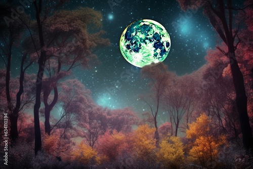A colorful forest at night with a bright full moon surrounded by stars. Generative AI