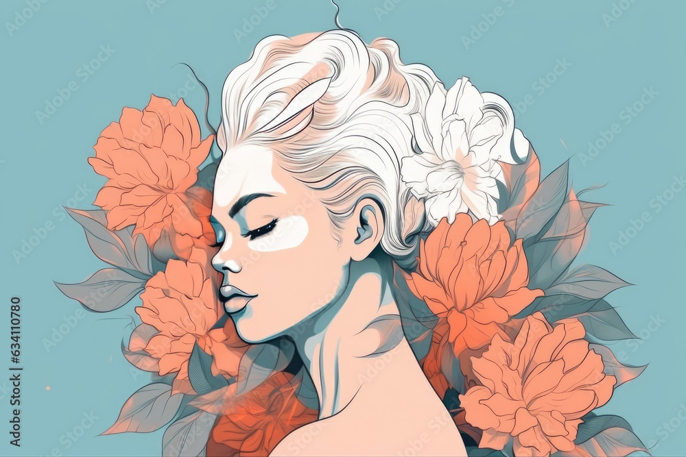 Abstract portrait of an attractive woman with flowers. Illustration. Generative AI