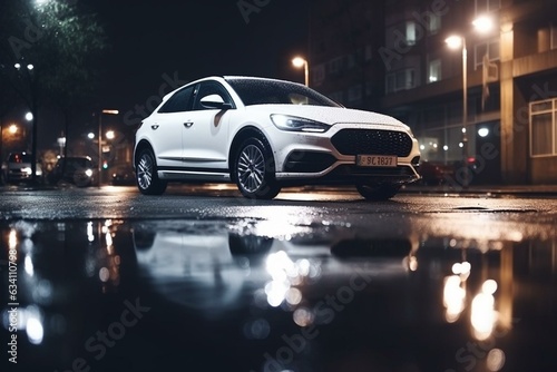 White car with hood and lights in rainy night, reflected on wet pavement and ground, blurry background. Generative AI