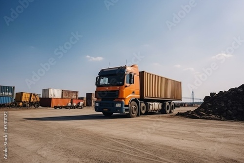 A truck in an industrial area goes into a container warehouse to take out a container from the port area under a blue sky. Generative AI