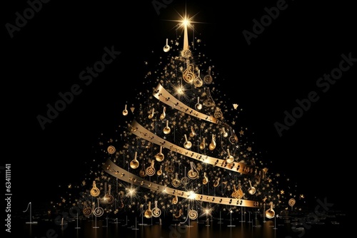 Golden musical Christmas tree on black background. Generative AI
