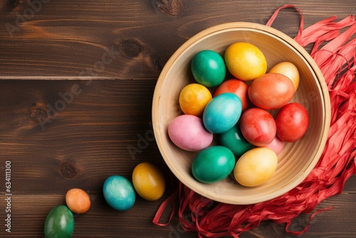Easter themed background with wooden plate and colorful eggs. Generative AI