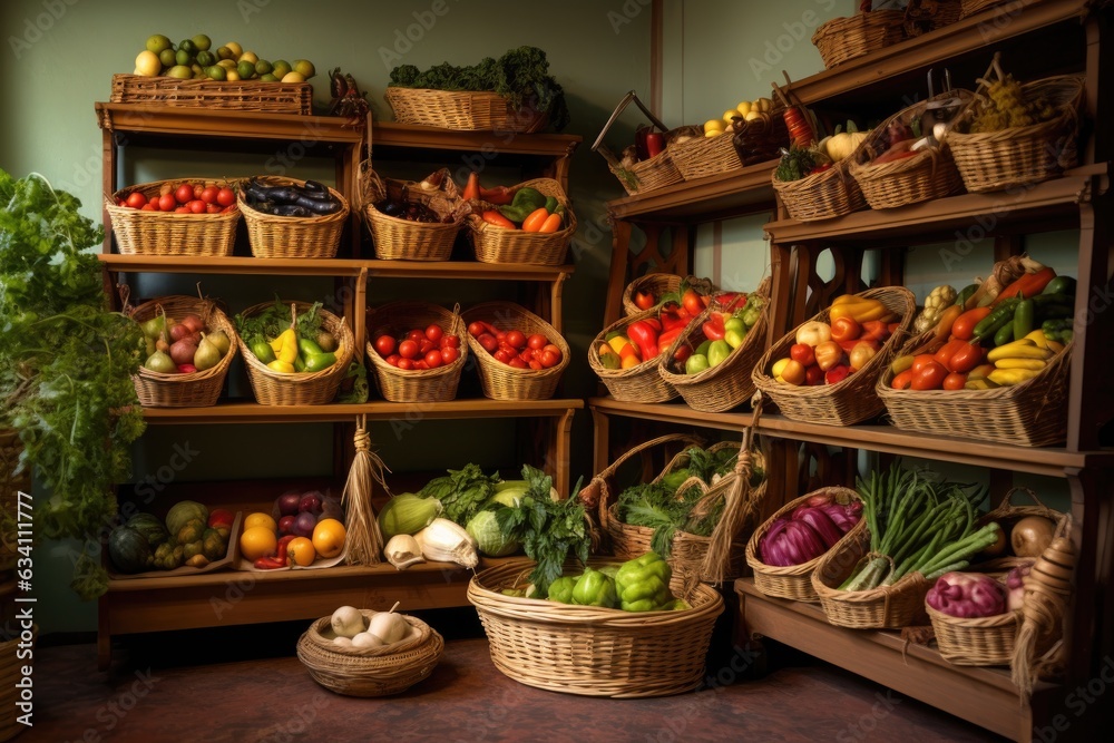 wicker baskets holding fruits and vegetables on pantry shelves wicker baskets holding fruits and vegetables on pantry shelves