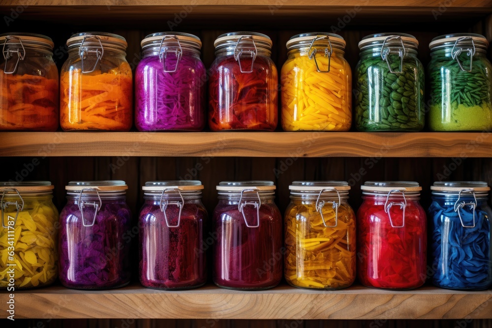 colorful labeled jars on wooden pantry shelves colorful labeled jars on wooden pantry shelves