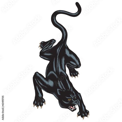 Panther tattoo art design isolated on white background. Muscular black jaguar or puma crawling. Wild cat vector illustration.