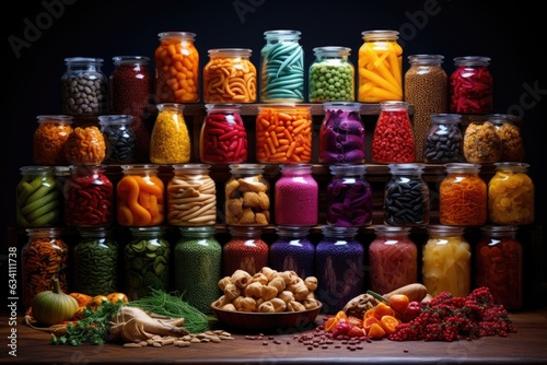 neatly arranged glass jars with colorful dry food items