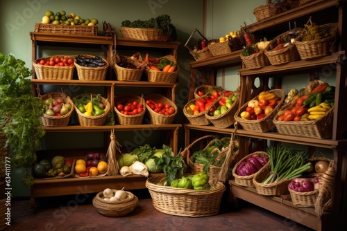 wicker baskets holding fruits and vegetables on pantry shelves