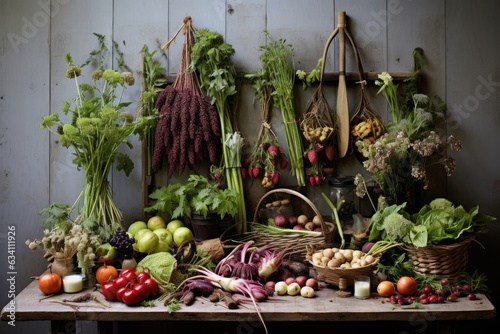 a neatly arranged display of foraged edible plants