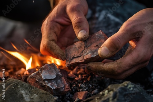 close-up of hands using a flint and steel for fire starting photo