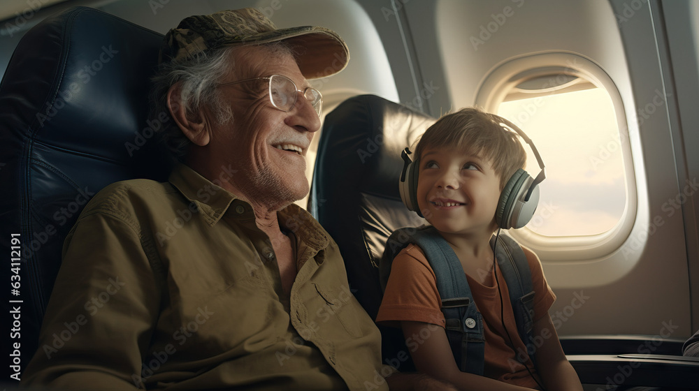 Fototapeta premium Grandfather and Grandson on Airplane Trip in the Sky. Concept of Intergenerational Travel, Airborne Adventure, Sky-High Bonding, Plane Journey, Flight Experience.