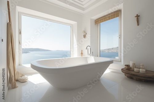 Luxurious minimalist Mykonos bathroom with Aegean style bathtub. Generative AI
