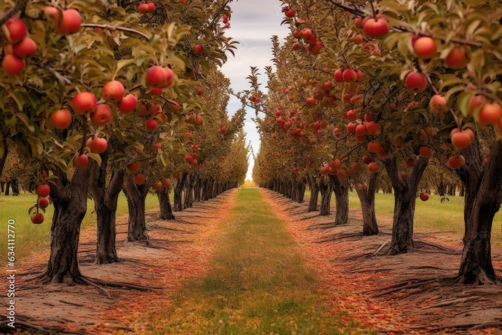 Naklejka premium apple orchard rows with autumn colors in background