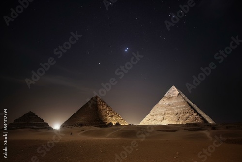 The pyramids of Giza shining at night with a bright and radiant glow. Generative AI