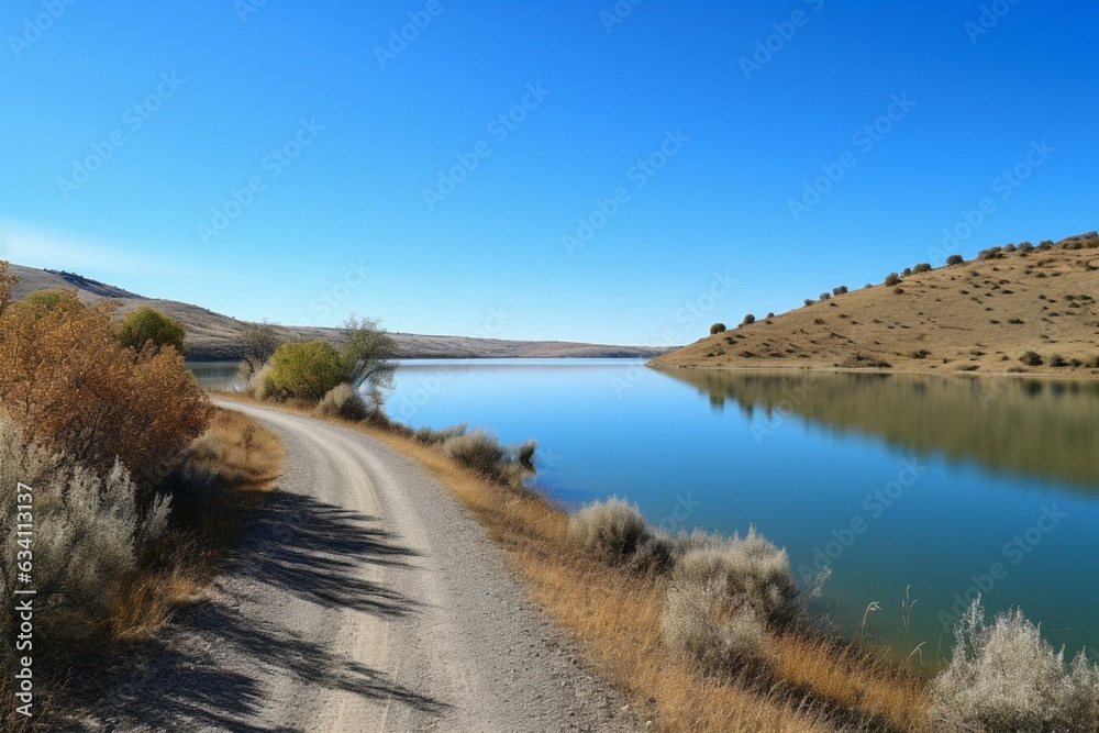 A serene lake captured next to a lonesome road under a clear blue sky. Generative AI