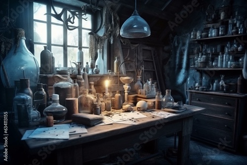 Magical laboratory of a wizard/witch: modern, beautiful & ideal for your design. Generative AI