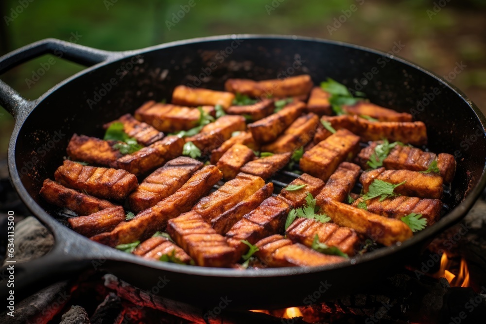 tempeh bacon strips sizzling in a pan