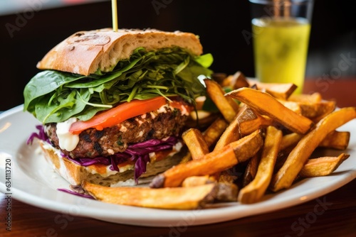 colorful veggie burger with a side of sweet potato fries