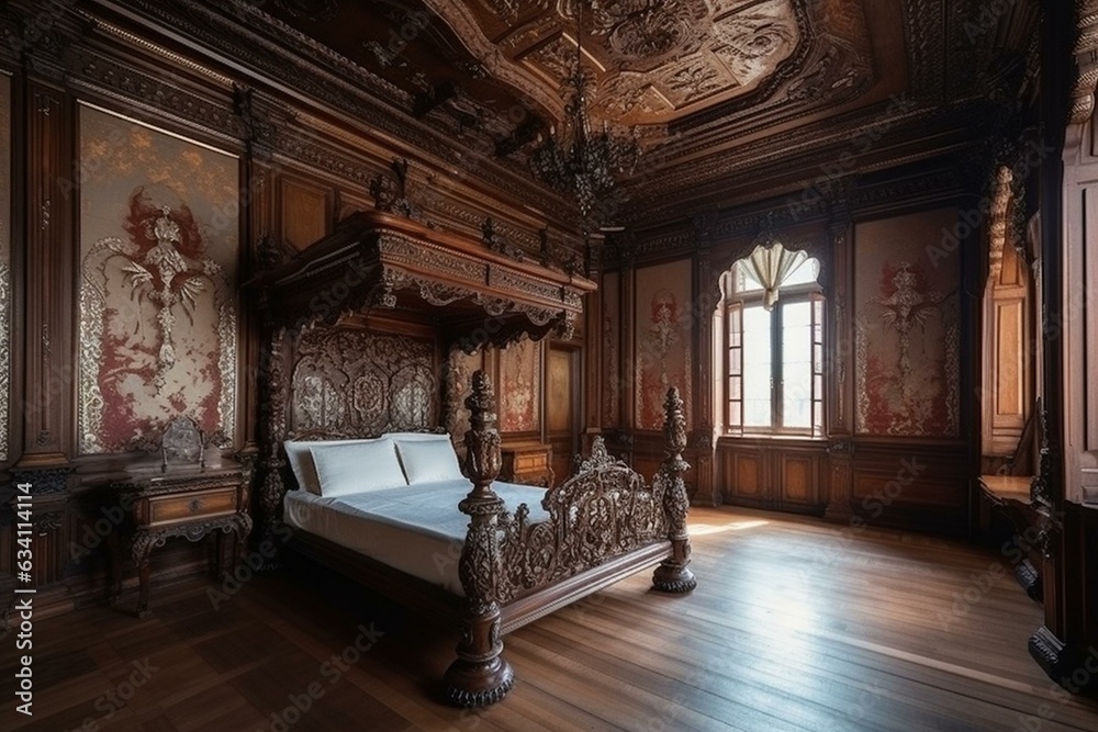 Grandiose vintage palace with opulent furnishings of antique wooden decor and luxurious bed. Generative AI