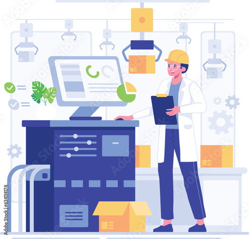 Engineer at work in the laboratory. Warehouse workers working on production line. Warehouse workers making cardboard boxes. Vector illustration