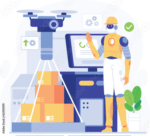 Robot delivery service concept. Flat illustration of robot delivery service concept for web design. Manufacturing industry automation concepts conveyor belt production. Vector illustration