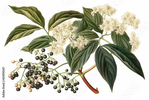 Old print of elderberry plant, used for medicinal and culinary purposes. Features white flowers and edible berries. Generative AI