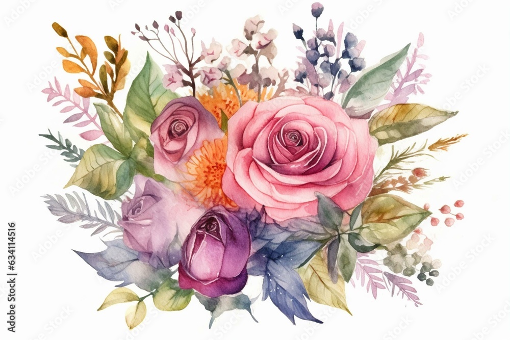 Wildflowers and roses in a watercolor bouquet. Generative AI
