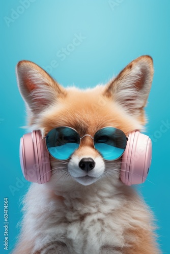 Portrait of fox with headphones and sunglasses. AI generative art