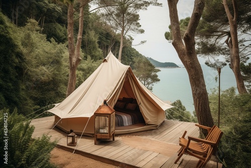 Luxury glamping tent with sea view nestled in a beautiful forest provides ultimate nature getaway. Keywords: Glamping, Tent, Forest, Luxury, Sea view, Green, Tourism, Nature, Getaway,. Generative AI