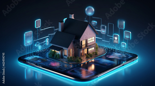 Smart home house concept. Remote control, home management and IOT, connection with devices through home network via Internet of things. Futuristic innovative technology augmented reality