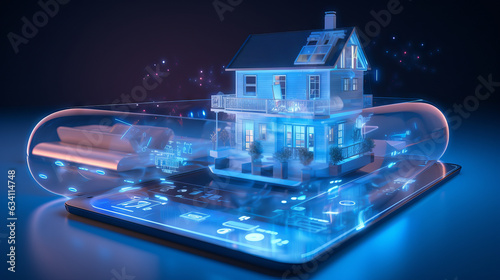 Smart home house concept. Remote control, home management and IOT, connection with devices through home network via Internet of things. Futuristic innovative technology augmented reality