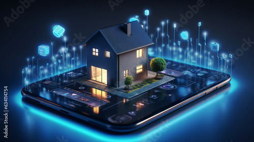 Smart home house concept. Remote control, home management and IOT, connection with devices through home network via Internet of things. Futuristic innovative technology augmented reality