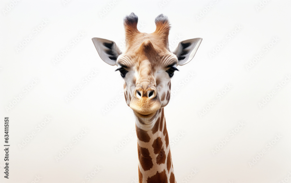 A portrait of a long neck giraffe against a white background, looking at the camera. Zoo or safari. 