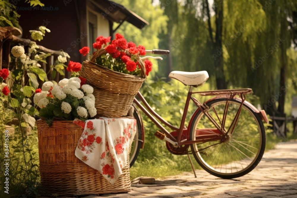 bicycle with picnic basket and flowers in front basket