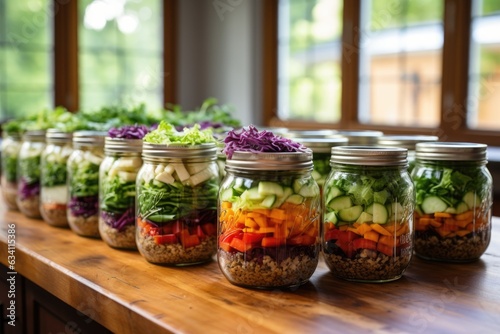 rows of mason jar salads on kitchen counter