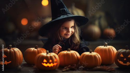 little girl disguised as a witch with pumpkins, children celebrating hallowing, candies, candles, jack o lantern, pumpkins, autumn, halloween treats and sweets, children having fun