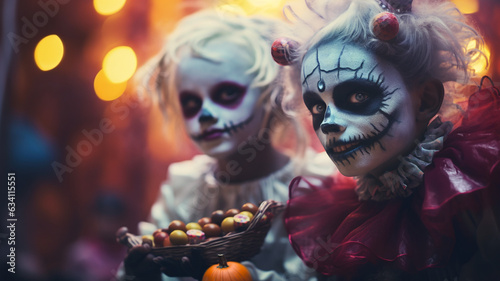 little girls with halloween make up, children celebrating hallowing, candies, candles, jack o lantern, pumpkins, autumn, halloween treats and sweets, children having fun