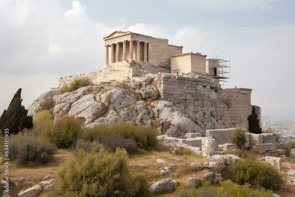 Ancient Greek temple dedicated to Athena on the Acropolis in Athens. Generative AI