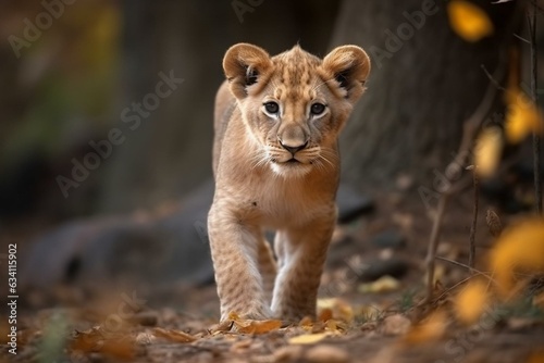 Adorable young lion wandering through woodland area. Generative AI © Aiden
