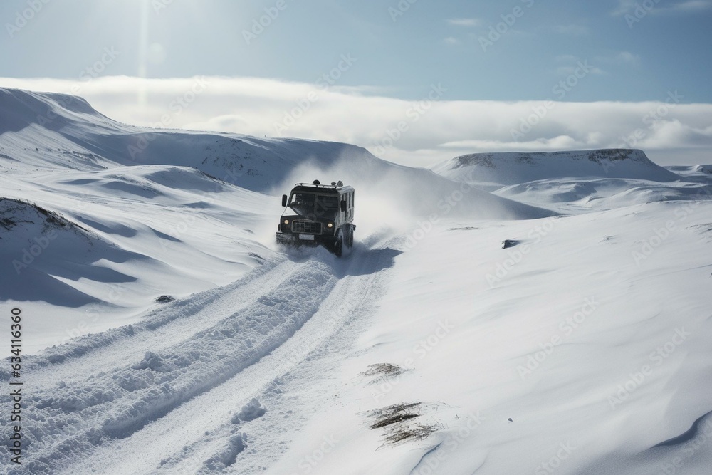 A vehicle traverses snowy terrain. Generative AI A vehicle traverses snowy terrain. Generative AI