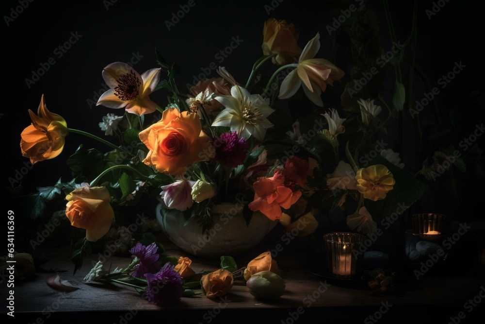 A collection of flowers resting on a table in the dim light, with petals reflecting the luminosity. Generative AI