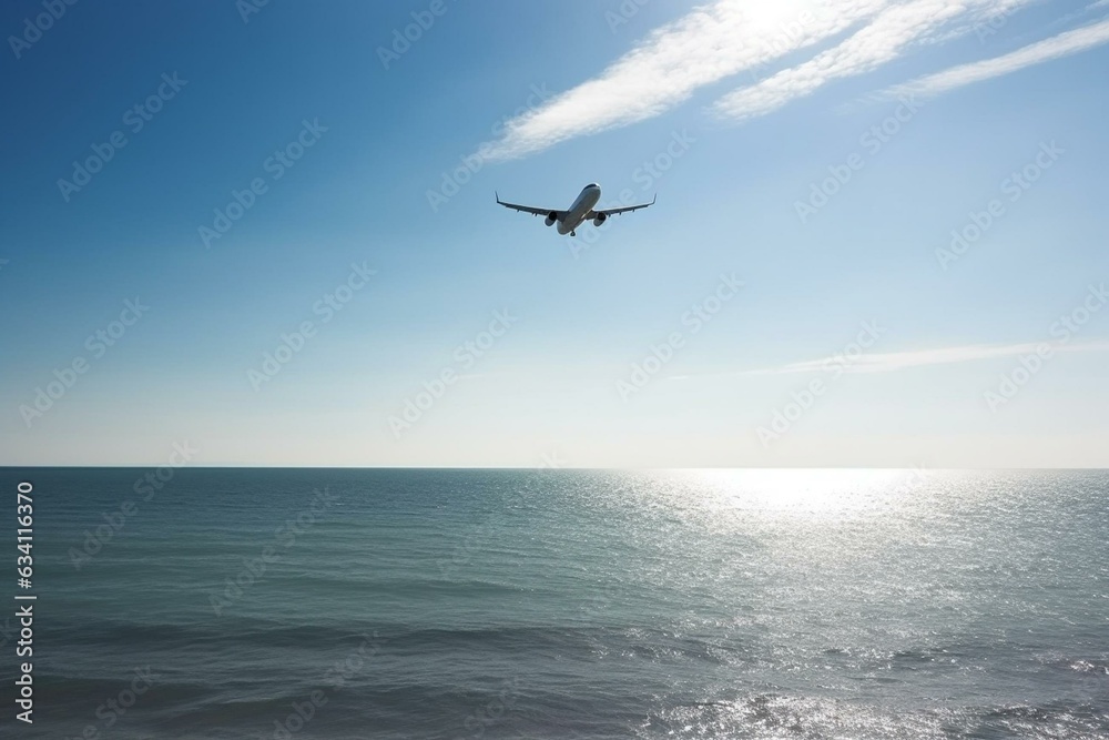 Aircraft soars above the sea. Generative AI