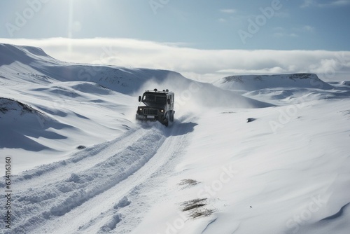 A vehicle traverses snowy terrain. Generative AI