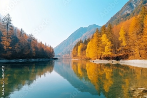 Scenic view of an autumnal lake and picturesque mountainscape. Generative AI © Jason