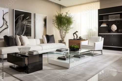 A contemporary living room with sleek furniture and decorative accents. Generative AI © Virelai