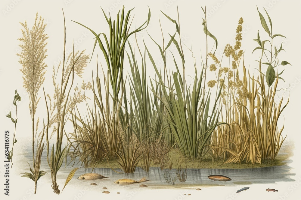 Illustration of wetland vegetation including sedge, reed, cane, and bulrush. Generative AI - obrazy, fototapety, plakaty 
